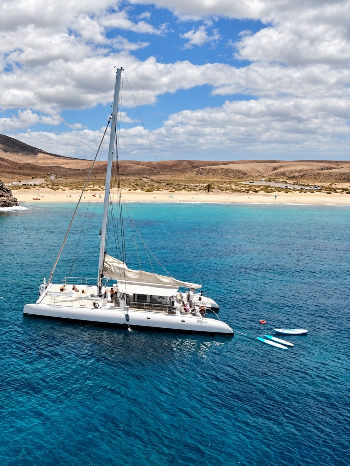 Catamaran beside a Lanzarote beach on turquoise water