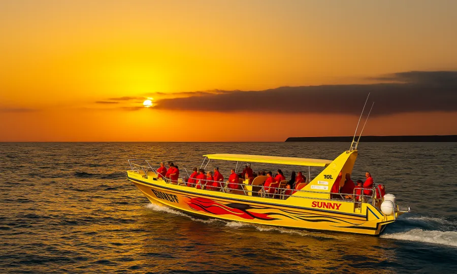 Excursion boat cruising off the Lanzarote coast at sunset