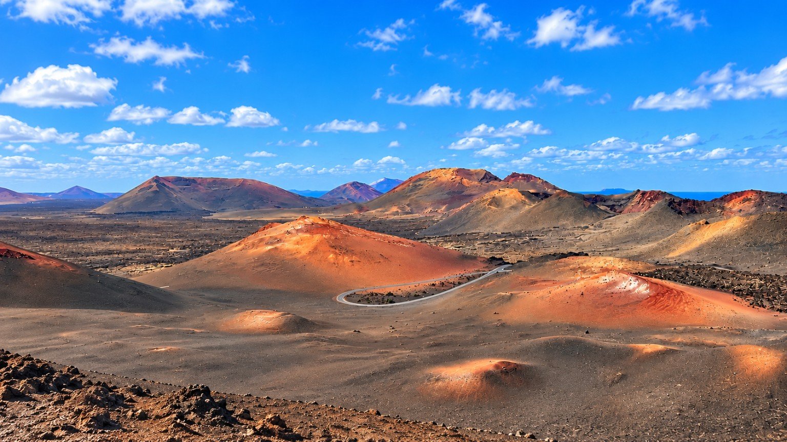 Lanzarote volcanic mountains and winding road beneath a bright blue sky