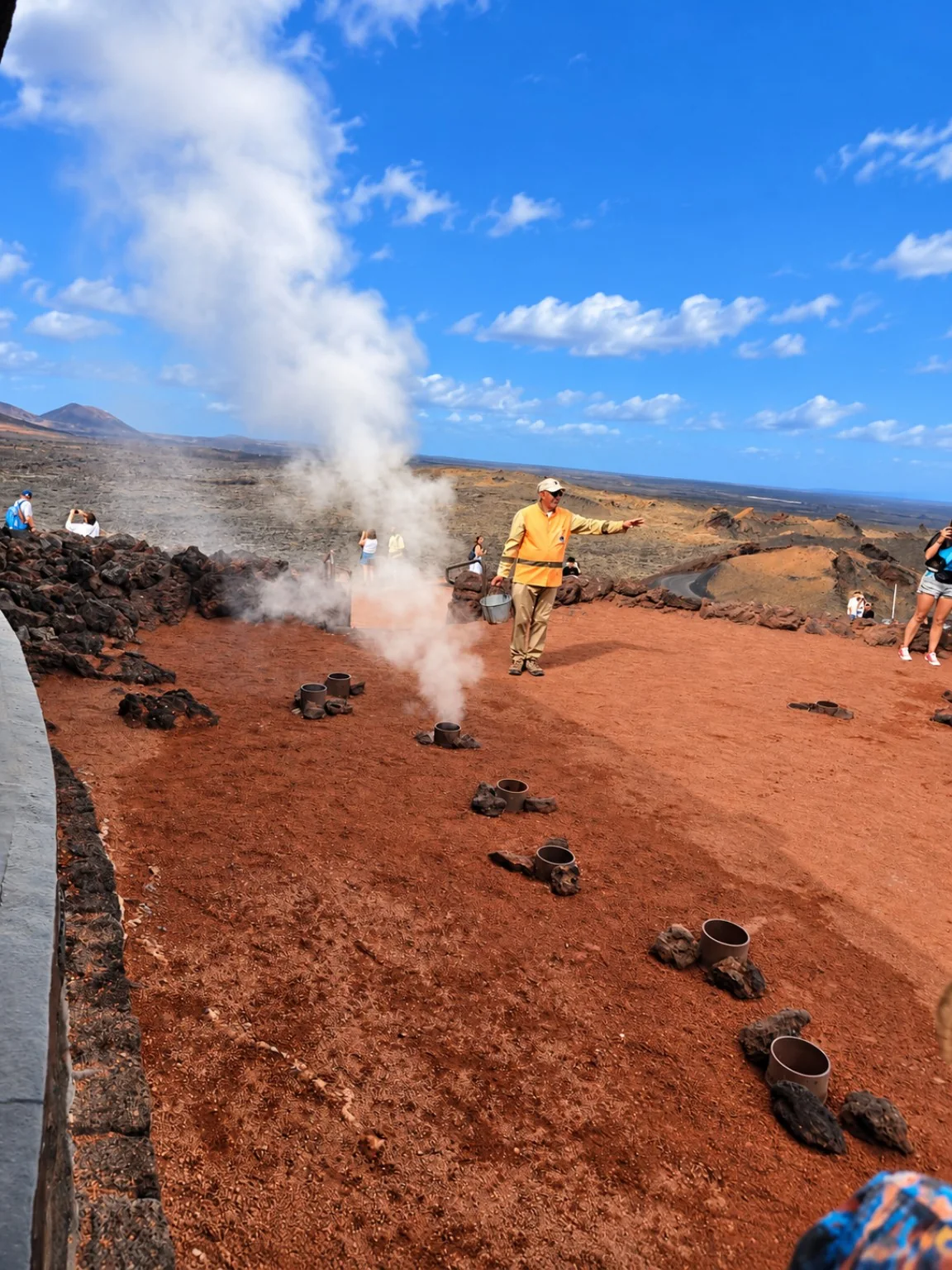 Steam rising during a geothermal demonstration at Timanfaya National Park, Lanzarote
